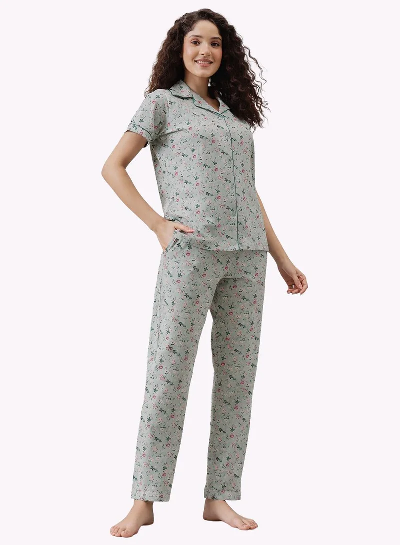 كلوفيا Printed Button Down Shirt & Pyjama Set in Light Green - 100% Cotton